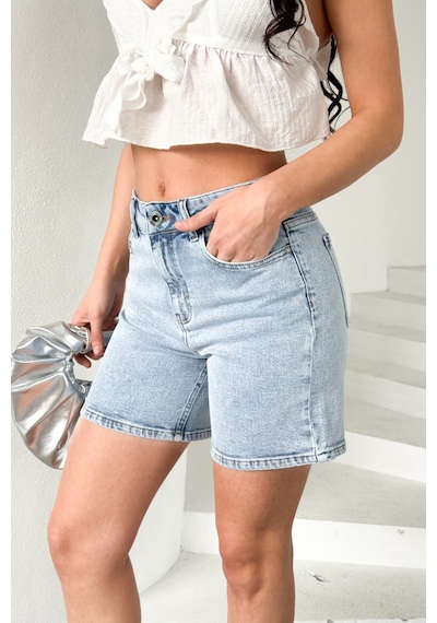HLT Jeans Kadın Açık Mavi Kar Efektli Mom Fit Yüksek Bel Likralı Jean Kot Şort Lily-mavikar
