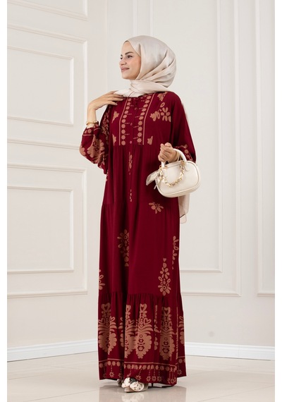 Sevitli Yarım Düğmeli Robalı Nesrin Elbise-bordo-5836