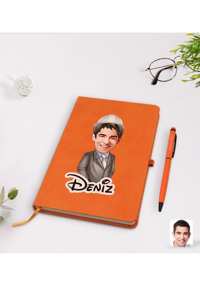 Kişiye Özel Erkek Mühendis Karikatürlü Turuncu Termo Deri Defter