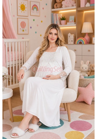 Lady Ekru Renk Dantel Detaylı 33501 Sabahlıklı 2li Hamile Gecelik Takım Set