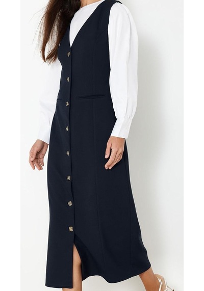 Ersefa Moda Stil Regular V Yaka Maxi Boy Tesettür Dokuma Kumaş Jile Elbi Lacivert