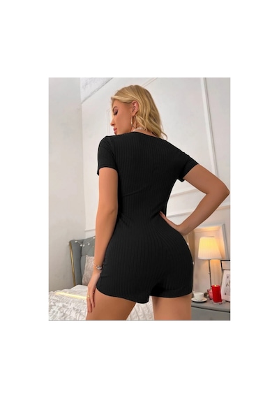 Butik İstanbul Kadın Kısa Kollu Önü Düğmeli Mini Bodycon Fitilli Kaşkorse Tulum Siyah