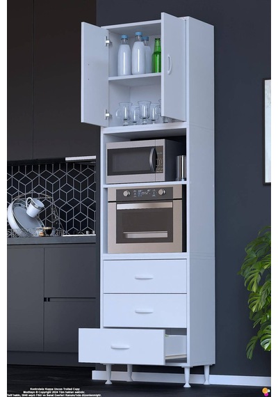 Defne 55 Cm Fırın Uyumlu 3 Çekmeceli Çok Amaçlı Mutfak Kiler Banyo Organizer Çocuk Odası Dolabı Beyaz