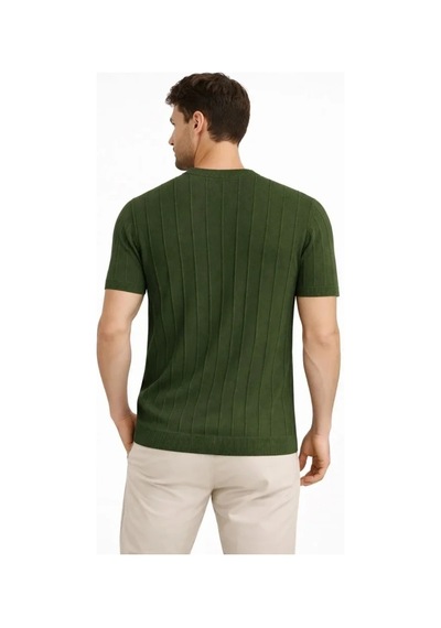 Vexor Erkek Yazlık Fitilli Triko Tişört Kısa Kol Bisiklet Yaka T-shirt - Haki