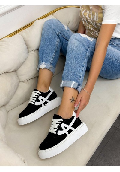 Erva'nın Butiği Siyah Beyaz Tig Kadın Bağcıklı Sneakers-4890 Siyah Beyaz Süet