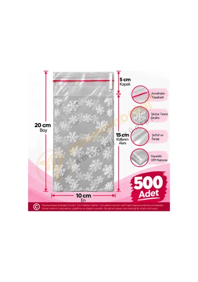 Kar Tanesi Desenli Bantlı Opp Poşet 10x20 Cm - 500 Adet