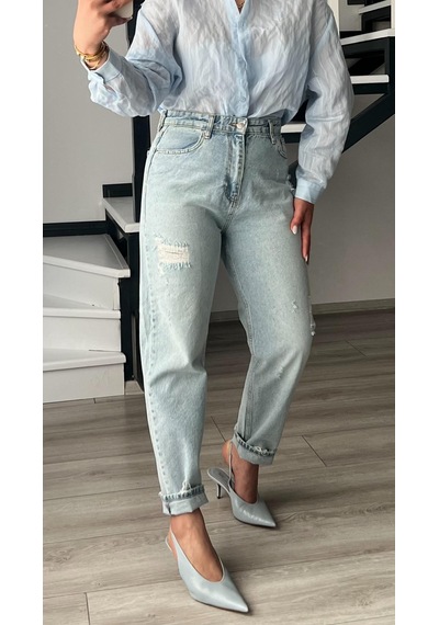 Kar Yıkama Kapalı Yırtık Mom Jean Kar Yıkama