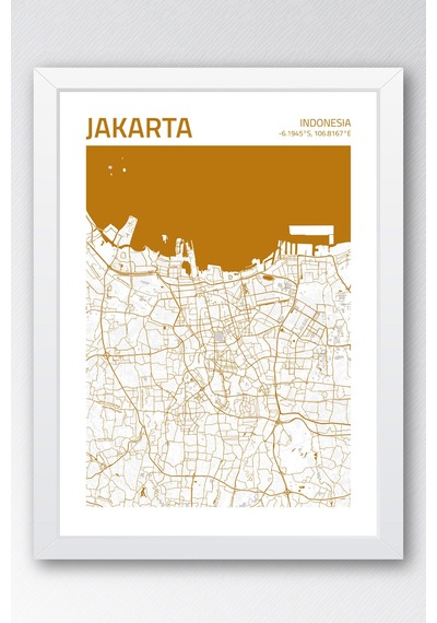 Cakarta Endonezya Jakarta-ındonesia Haritası Çerçeveli Tablo Lüks Salon Duvar Dekorasyonu Tablo Beyaz