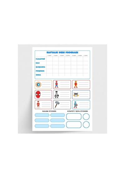 Lexroo Kahraman Figürlü İsimlik, Ders Programı, Kalem Ve Eşya Sticker Seti, Mavi 10 Sayfa Standart