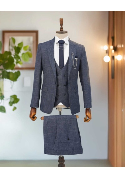 Beystil Sivri Yaka Lacivert Kırçıllı Takım Elbise Storm - Slim Fit Lacivert