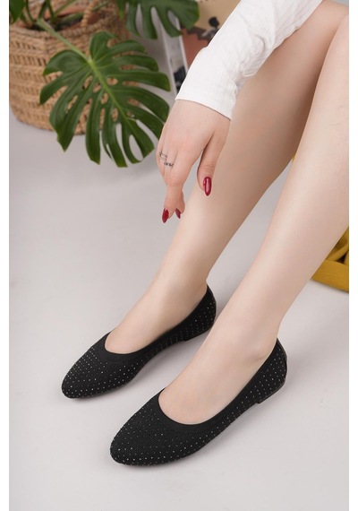 Nesilshoes Nesil Shoes Sdf 243 Siyah Triko Taşlı Kadın Babet