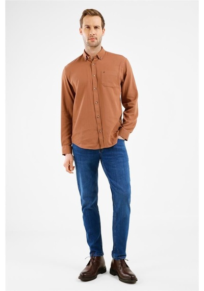 İmza Açık Bej Düğmeli Yaka Uzun Kol Cepli Slim Fit %100 Pamuk Gömlek 1004255213 Açık Bej