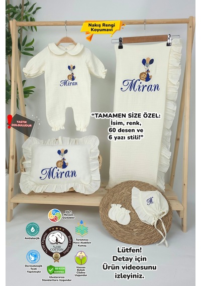 Gros Shop Müslin Yeni Doğan 4katlı Organik %100pamuk Kişiye Özgü Nakışlı Hastane Çıkış Seti Balonlu Aslan-4 Ekru-2