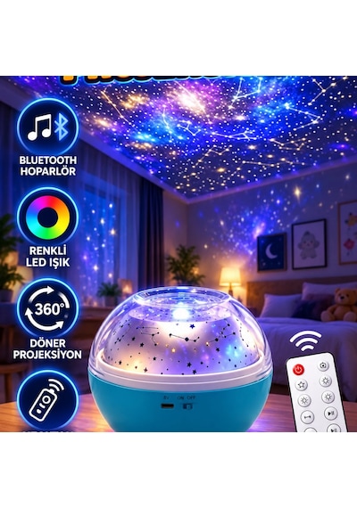 Bluetooth Hoparlörlü Yıldız Projeksiyon Gece Lambası Uzaktan Kumandalı Döner Led Işık Efektli Renkli