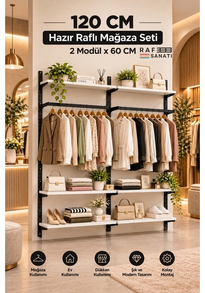 120 Cm 2 Modül 6 Raflı Askılı Hazır Mağaza Seti Askılıklı Duvar Tipi Raf Sistemi Beyaz