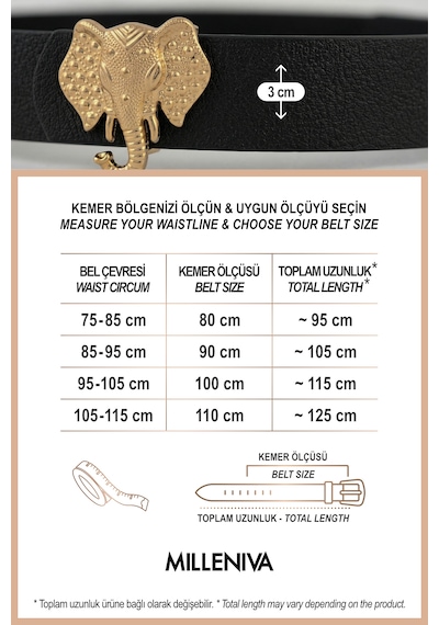 Milleniva Fil Gold Tokalı Kadın Kemer 3 Cm Siyah