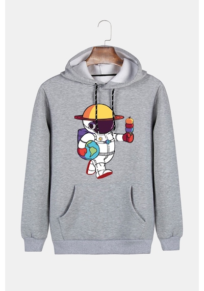 Unisex Gri Kapüşonlu Astronot Baskılı Slim Fit Kanguru Cepli Sweatshirt Gri