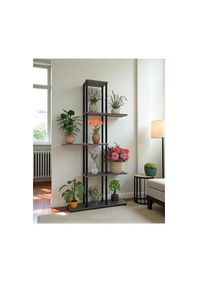 5 Raflı Dekoratif Bitki Standı Sökülebilir Kolay Kurulum Saksı Rafı Salon Balkon Çiçeklik Organizer Antrasit