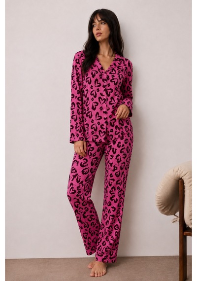 Kadın Düğmeli Kışlık Ev Lila Pijama Takımı