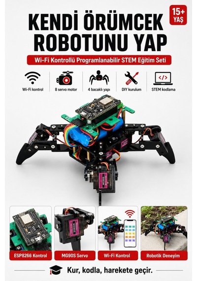 Arduino Örümcek Robot Kiti Wifi Kontrollü 8 Servo Motorlu Programlanabilir Stem Robotik Kodlama Seti - 867322301