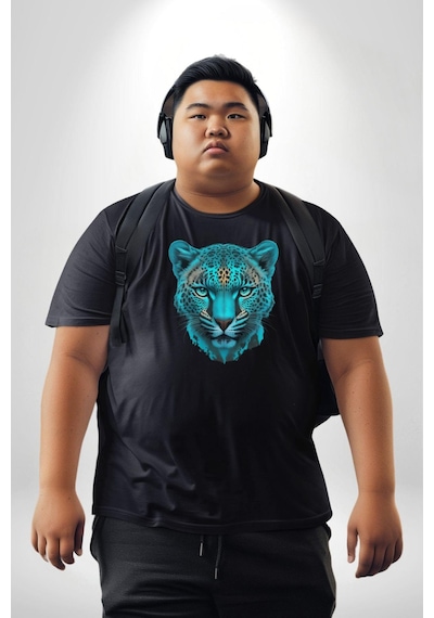Angemiel Yeşil Leopar Kafası Siyah Büyük Beden Erkek Kadın Unisex Basic Ön Baskılı Tişört Siyah