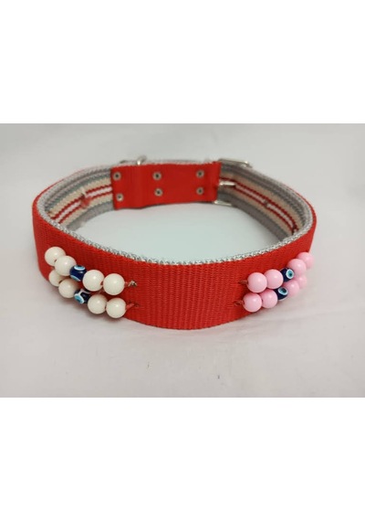 Kozaklı 10469 Süslü Boncuklu El İşlemeli Köpek Tasması Kırmızı 70 x 4 CM Kırmızı