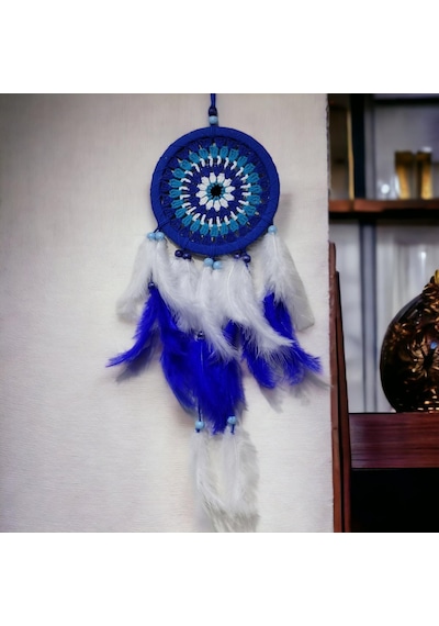 Nazar Boncuğu Desenli Bol Kuş Tüylü Lacivert Dream Catcher El Yapımı Duvar Dekoru