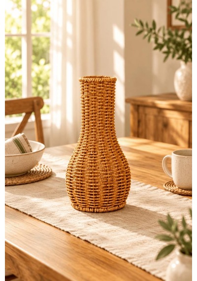Atbyhome Doğal Hasır Rattan Çiçek Vazosu 27 Cm - Masa Üstü Dekoratif Bohem El Örgüsü Kuru Çiçeklik Vazo Kahverengi