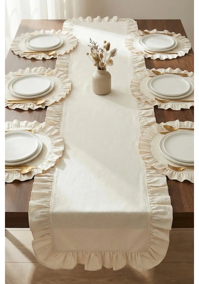 Morlay 7 Parça Fırfırlı Sofra Sunum Seti 6 Adet Amerikan Servisi Supla + 1 Adet Fırfırlı Runner - 40x110 Cm Beyaz