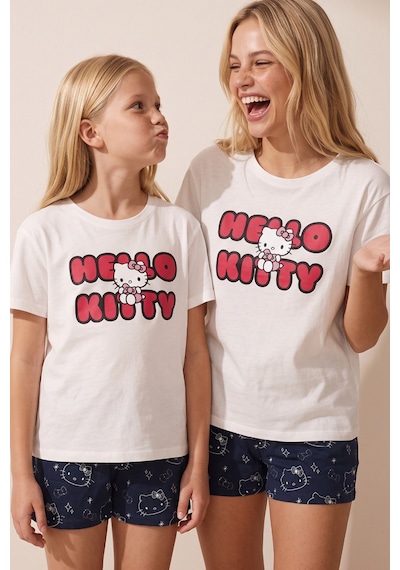 Siyah İnci Hello Kitty Lisanslı %100 Pamuk Ekru Çok Renkli Bisklet Yaka Şortlu Pijama Takım 26120201