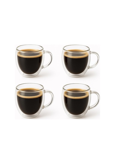 Çift Katmanlı 4'lü Espresso Cam Bardak Seti 80 Ml & Tabak 4 Lü Set Borosilikat Cam, Isı Yalıtımı, Bulaşık Makinesi Uyumlu, Türk Kahvesi Ristretto Macchiato İçin çok renkli