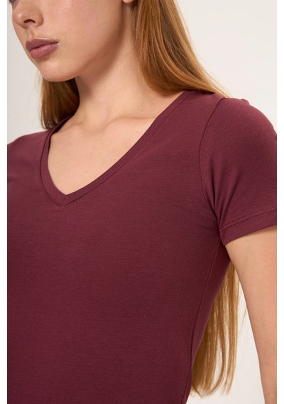 Zoor Ultra Soft Penye Modal V Yaka Kısa Kollu Bluz Bordo
