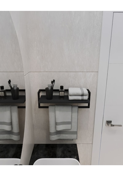 Aju Havluluk Antrasit Duvara Monte Raf Aksesuarlık Şal Askılığı Banyo Mutfak Düzenleyici Çok Amaçlı Raf Antrasit