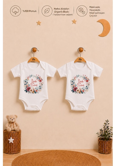 Pia Baby İsme Özel Kız Bebek Hediyesi 2'li %100 Pamuk Organik Baskılı Çıtçıtlı Body Zıbın Ve Ham Bez Kıyafet Kesesi 1069b2k2x Ekru