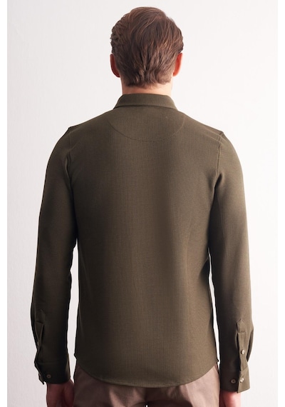 İmza Haki Uzun Kol Düğmeli Yaka Kendinden Desenli Pamuklu Slim Fit Gömlek 1004255267 Haki
