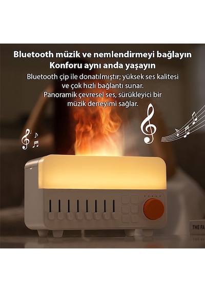 Ezere A14 Bluetooth Hoparlörlü Alev Efektli 8 Sesli Renkli Alev Görünümlü Aromaterapi Difüzörü Ultrasonik Hava Nemlendici