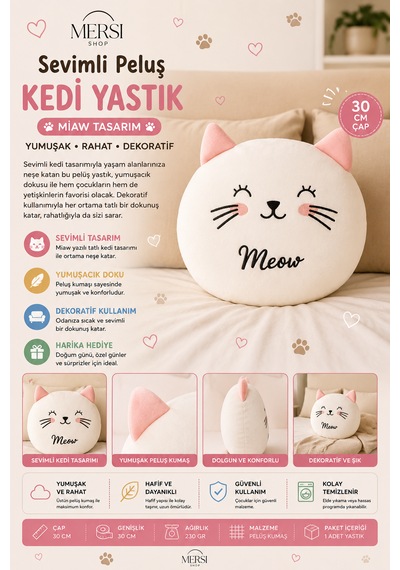 Sevimli Peluş Kedi Yastık 30 Cm Yumuşak Dekoratif Meow Tasarım Yastık Beyaz
