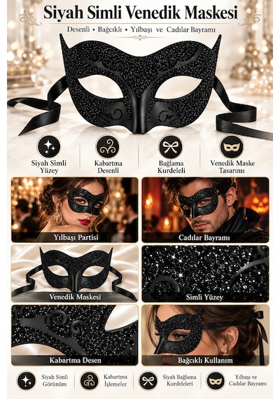Siyah Simli Venedik Maskesi Desenli Bağcıklı Yılbaşı Halloween Cadılar Bayramı Parti Maskesi