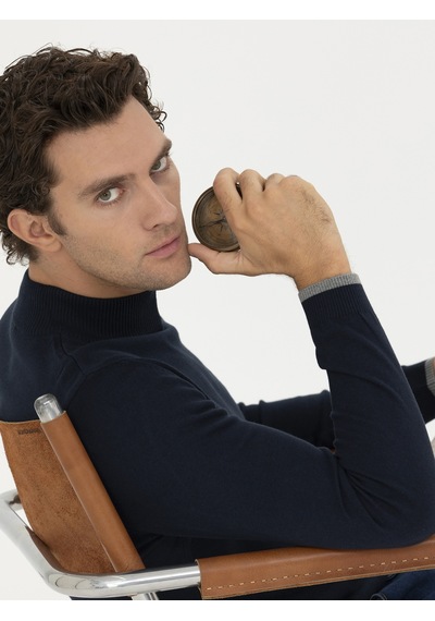 Cacharel Lacivert Slim Fit Pamuk Karışımlı Yarım Balıkçı Basic Triko Kazak