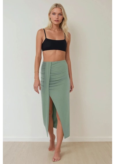 Hiccup Drapeli Yüksek Bel Bodycon Sandy Maxi Etek Haki Yeşil