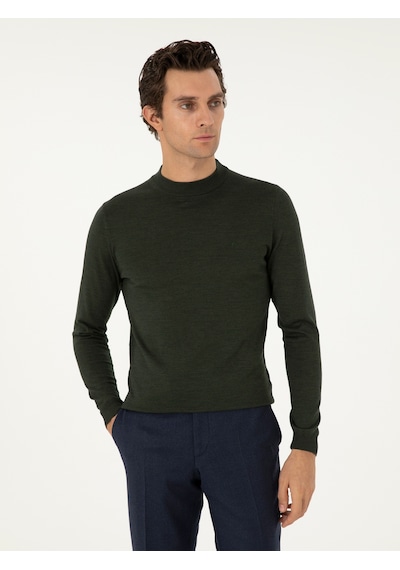Cacharel Haki Slim Fit Yün Karışımlı Çeyrek Balıkçı Yaka Basic Triko Kazak Yesıl