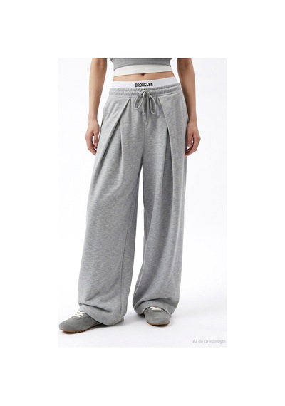 Quzu Beli Lastikli Pileli Geniş Paça Pantolon Grimelanj Gri