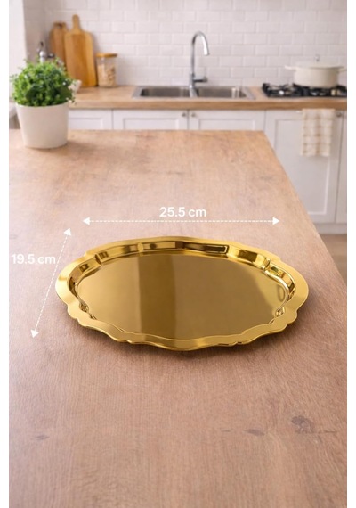 Tr Ovaldi Gold Metal Servis Tepsisi 25,5x19,5 Cm Modern Ve Dekoratif Sunum Tepsisi Altın 23 X 23 Genel