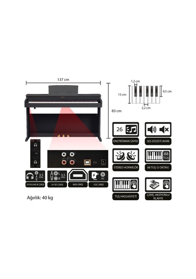 Jwin Sapphire Sdp-380 Çekiç Aksiyonlu 88 Tuşlu Dijital Piyano + Tabure - Siyah