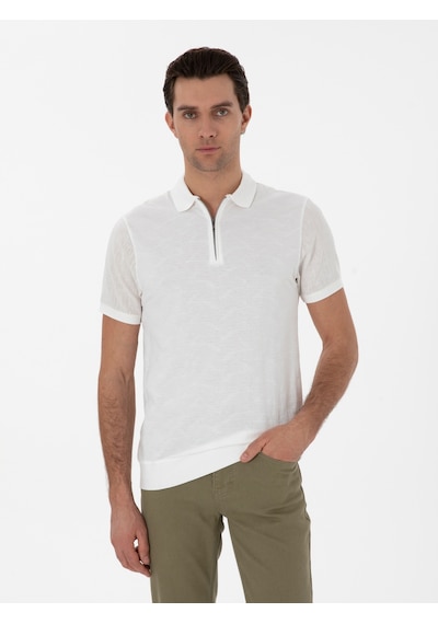 Ekru Regular Fit Fermuarlı Polo Yaka Desenli T-shirt Bej