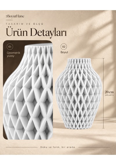 Baklava Desenli Dekoratif Vazo 20 Cm Kuru Çiçeklik Beyaz
