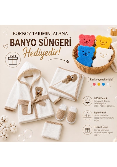 Bebek Bornoz Seti %100 Pamuk 0-1 Yaş Kapüşonlu Yenidogan Ayıcık Nakişli Bornoz Havlu Terlik Kese + 4 Renkli Banyo Süngeri li Beyaz