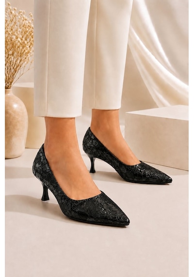 Dabab Shoes Leyla Kadın Siyah Sivri Burun Dantel Desenli 5 Cm İnce Topuklu Stiletto Ayakkabı