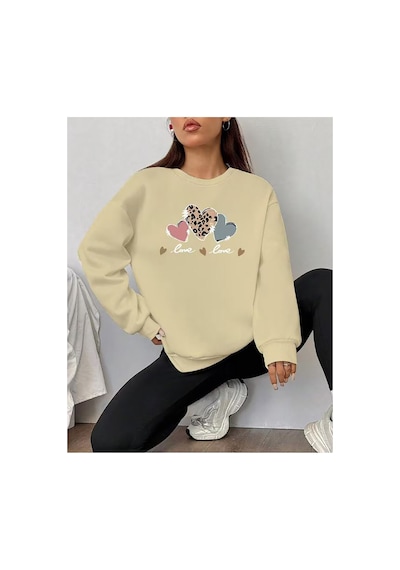 Herkesemoda Love Baskı Detaylı Bisiklet Yaka Sweatshirt Bej