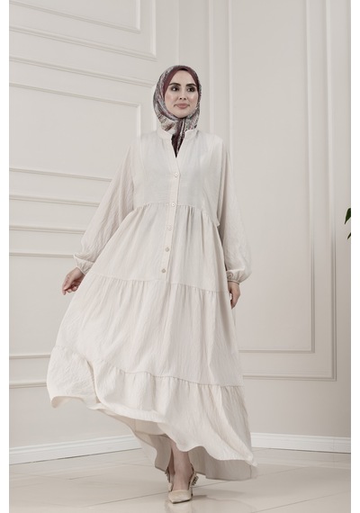 Sevitli Lilyum Kumaş Robalı Katya Elbise-bej-5816